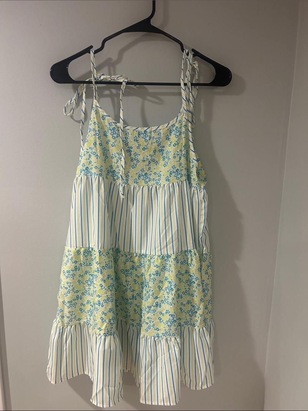 SHEIN Floral Patchwork Tiered Mini Dress Yellow Blue Cottagecore Sundress XS